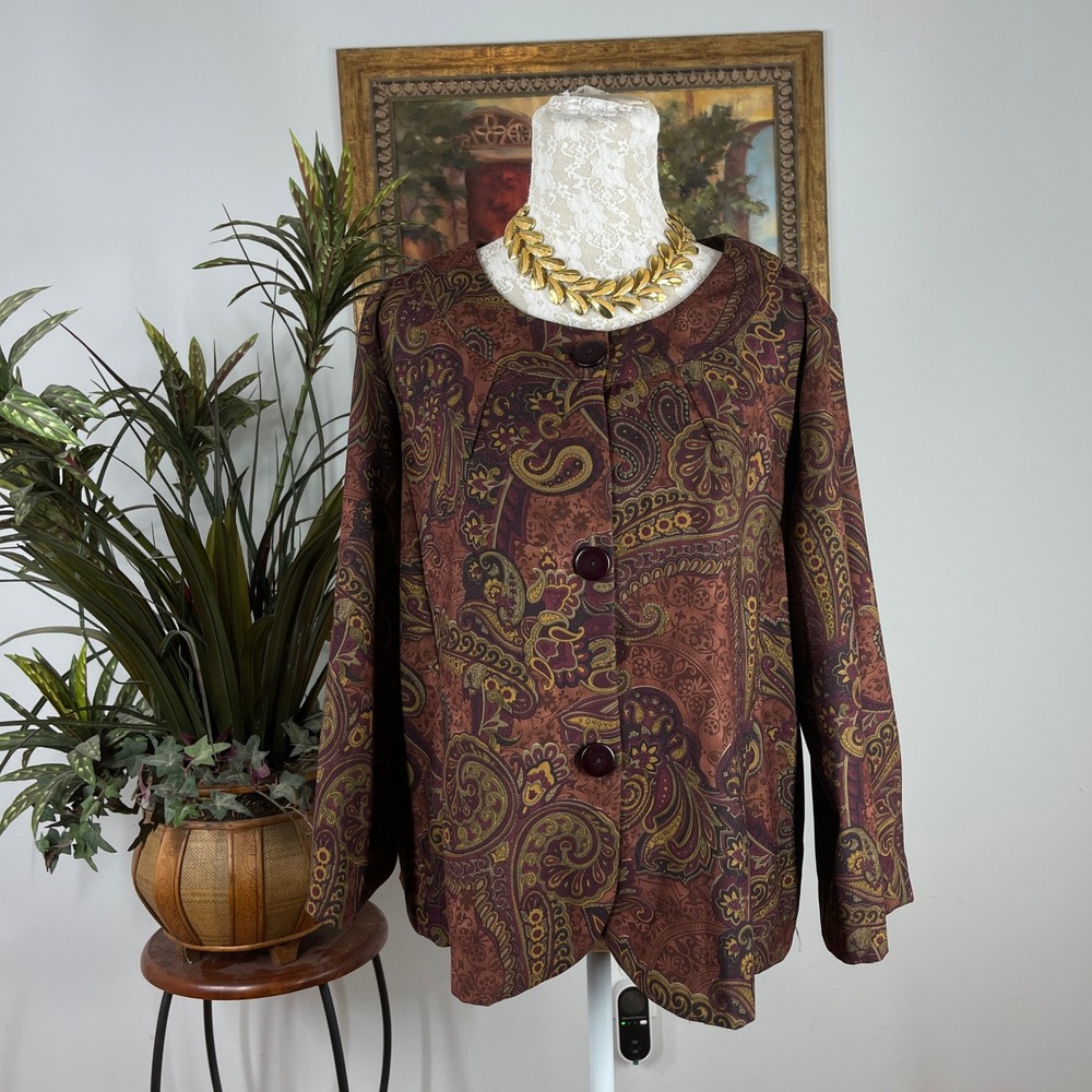 Joanna Blazer Jacket Women XL Brown Paisley Stretch Button Front Boho